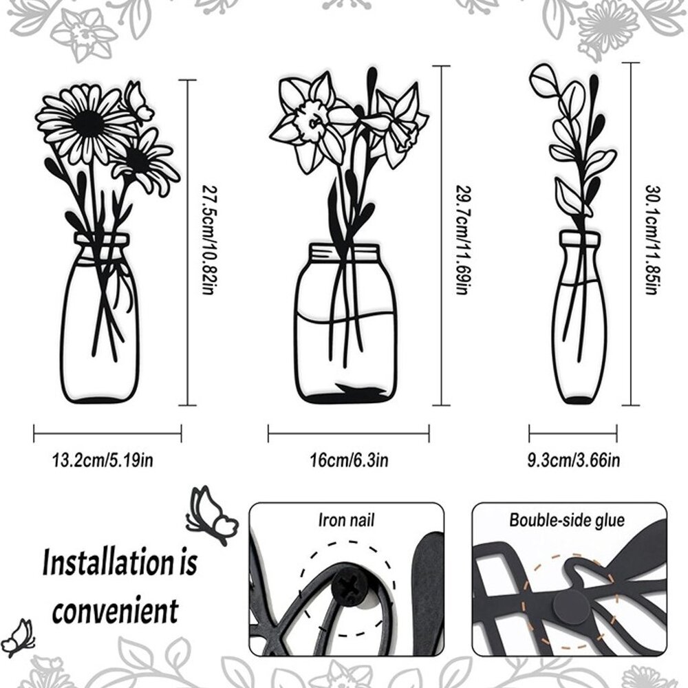NEW  3 Piece Metal Flowers and Vases Wall Decoration. - Picture 6 of 9